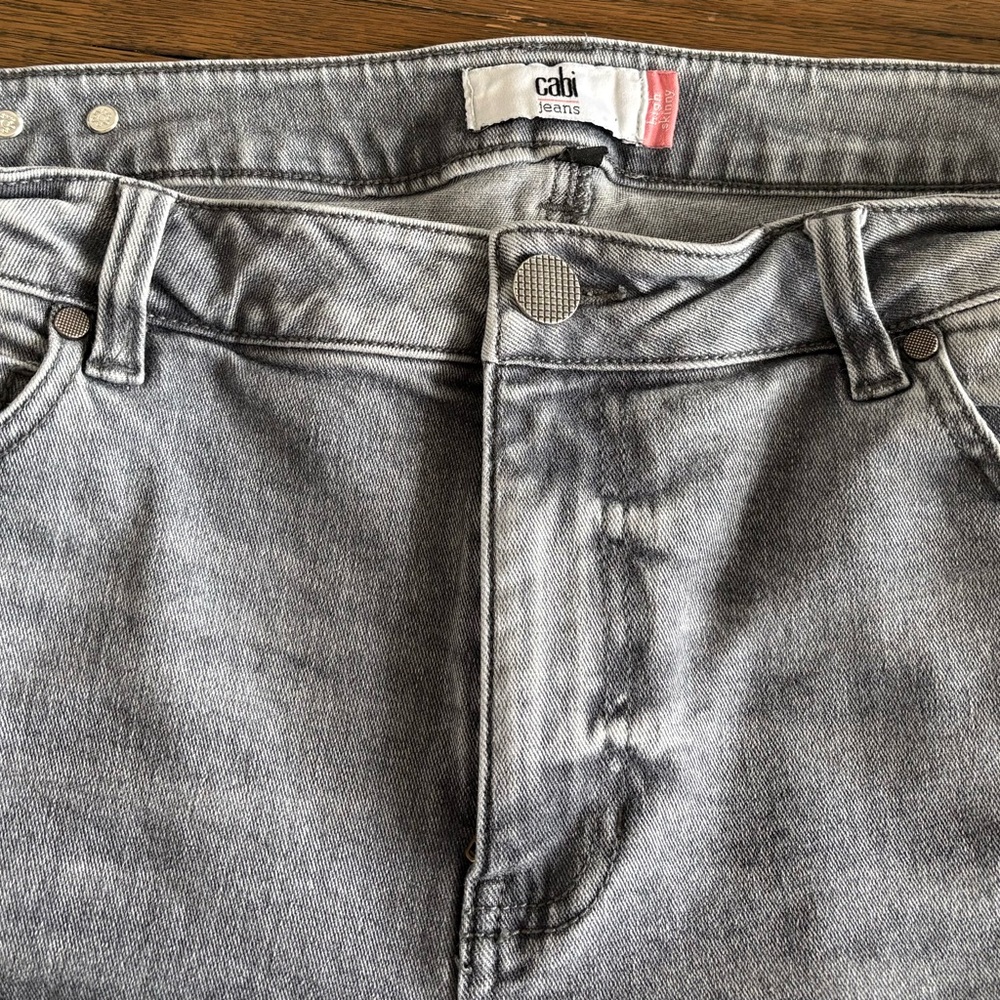 CAbi Women’s Light Gray High Rise Skinny Distressed Jeans